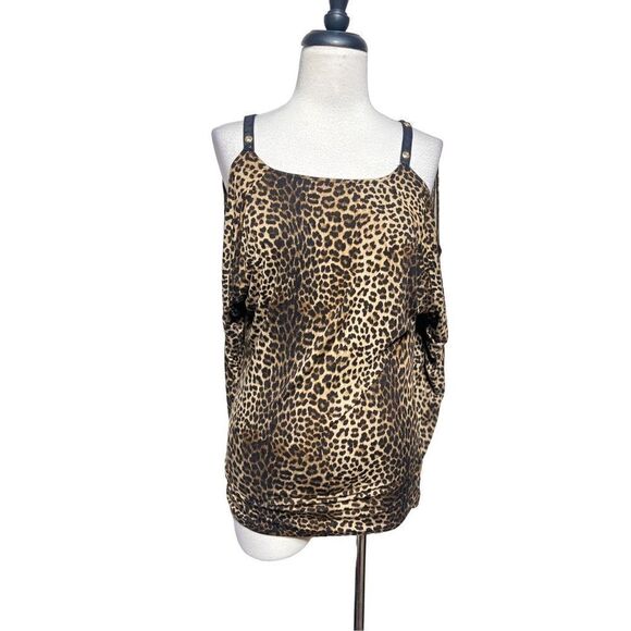 Michael Kors Long Sleeve Leopard Print Cold Shoulder Knit Top Size Small - Picture 1 of 6